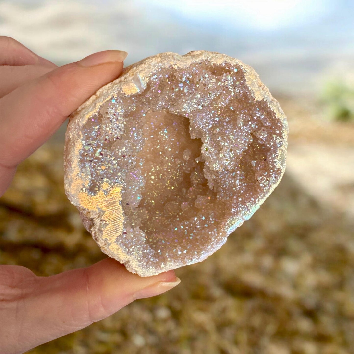 Angel Aura Quartz Geode Half: Celestial Crystal Gift