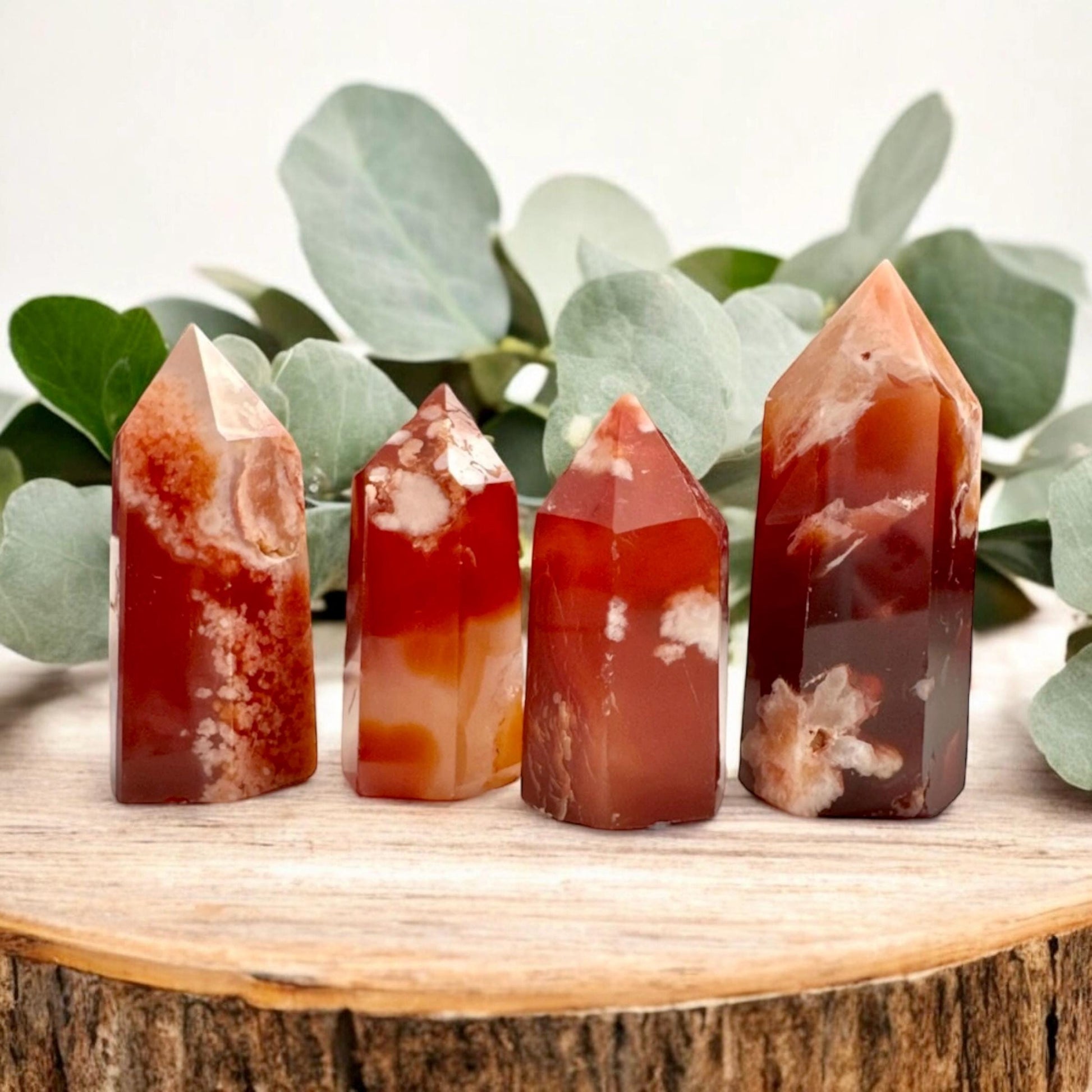 Carnelian & Flower Agate Tower, Fiery Passion Meets Gentle Bloom – Luna by Louise, Crystal Shop UK
