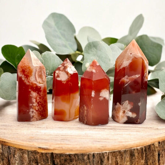 Carnelian & Flower Agate Tower, Fiery Passion Meets Gentle Bloom – Luna by Louise, Crystal Shop UK