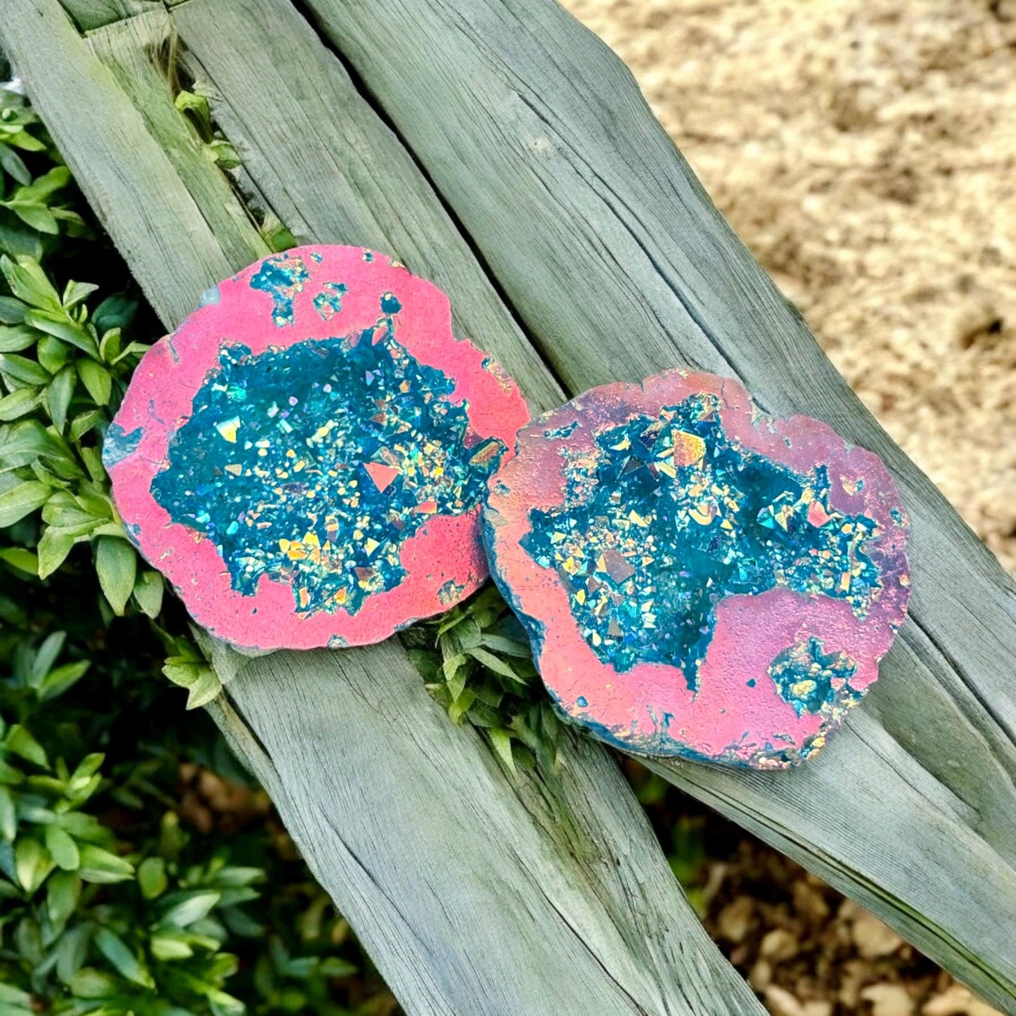 Aqua Aura and Pink Aura Quartz Geode: Northern Lights Crystal Gift