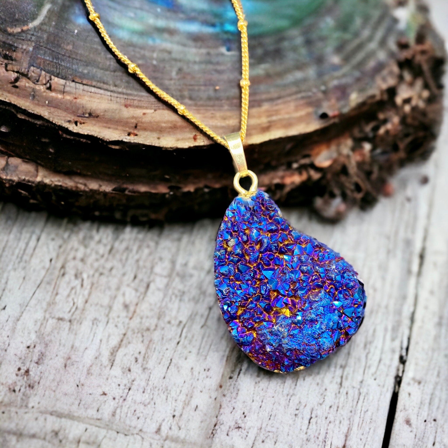 Cobalt Aura Quartz Druze Pendant | Iridescent Crystal Necklace | Luna by Louise, Crystal Shop UK