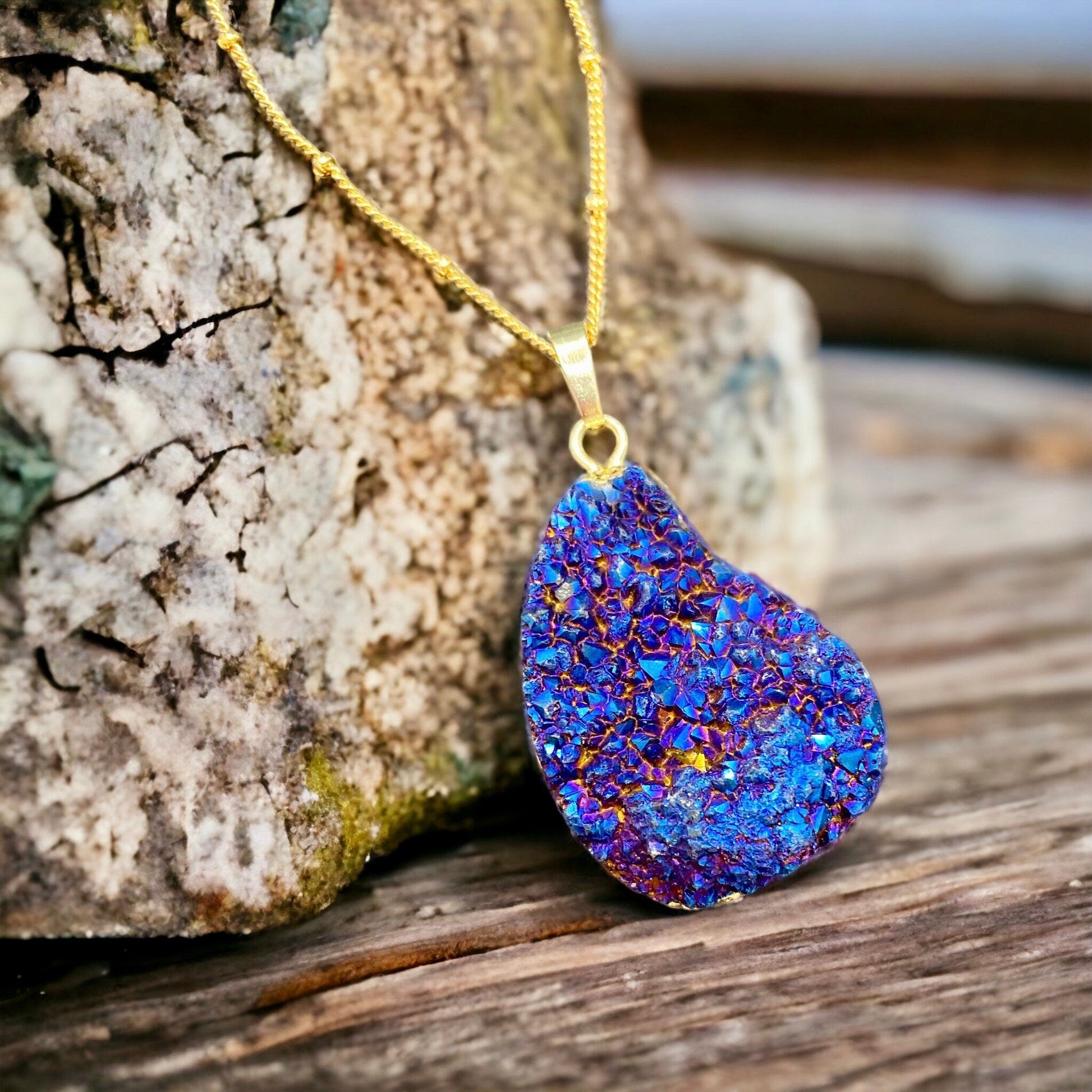Cobalt Aura Quartz Druze Pendant | Iridescent Crystal Necklace | Luna by Louise, Crystal Shop UK