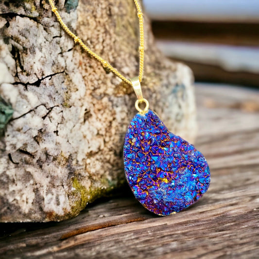 Cobalt Aura Quartz Druze Pendant | Iridescent Crystal Necklace | Luna by Louise, Crystal Shop UK