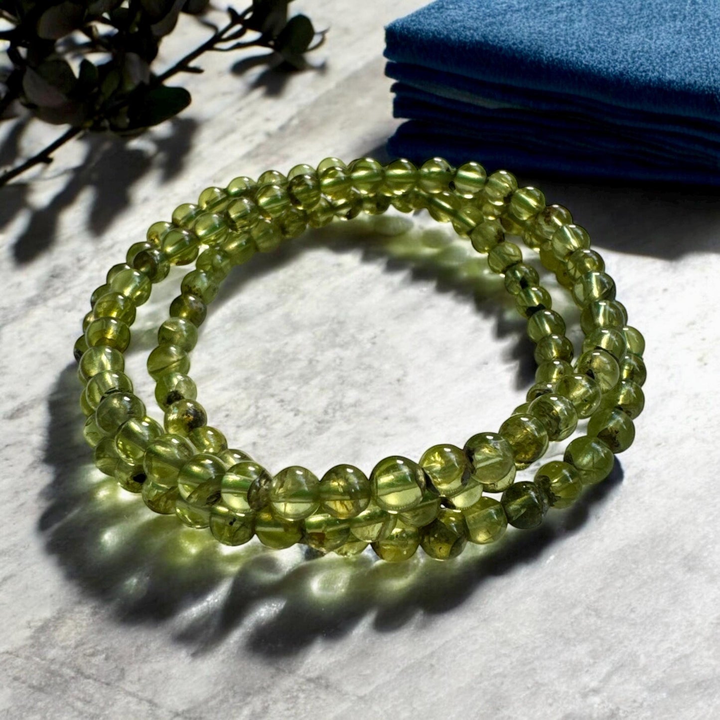 Handmade Peridot 3mm Crystal Bead Stretch Bracelet (7.5”)