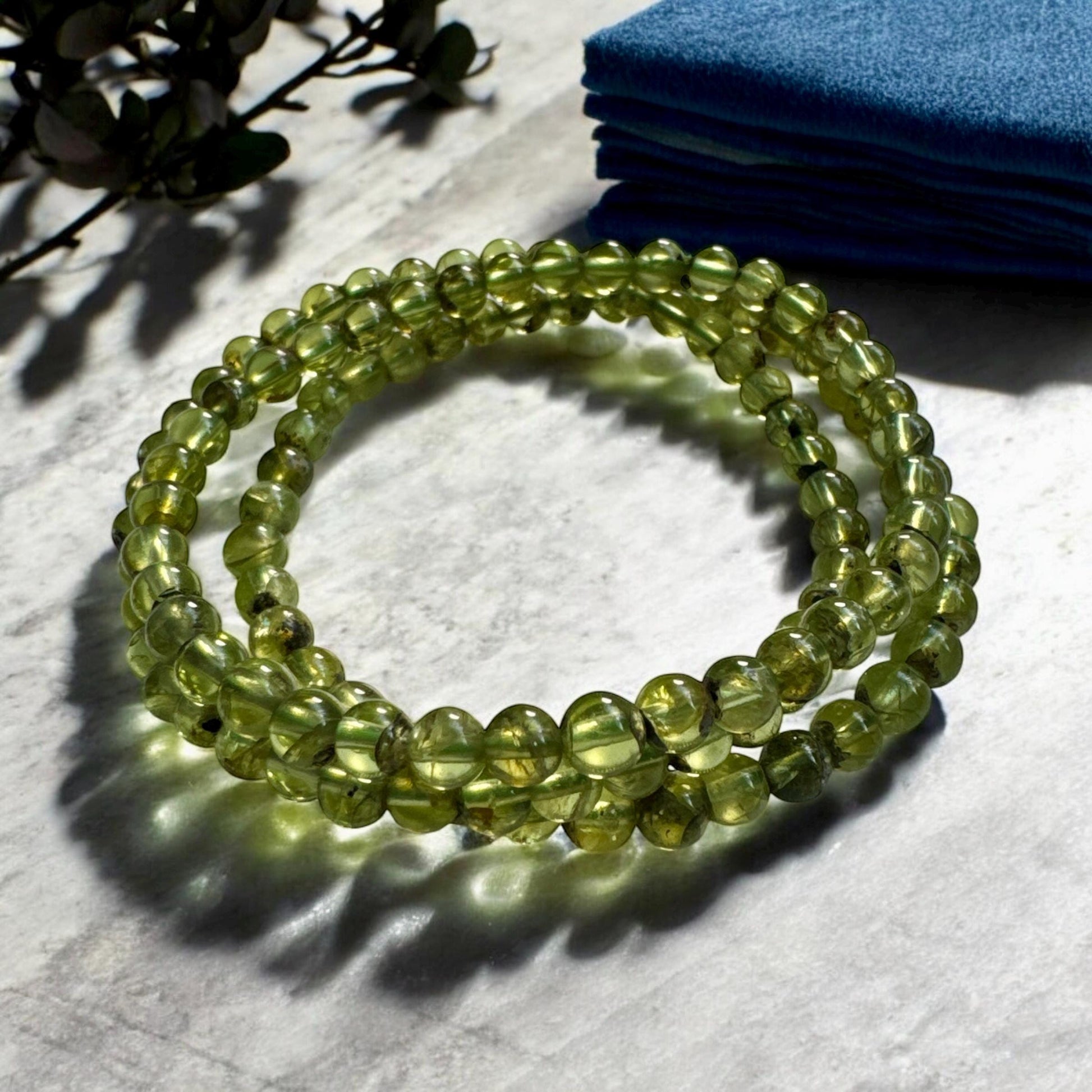 Handmade Peridot 3mm Crystal Bead Stretch Bracelet (7.5”)