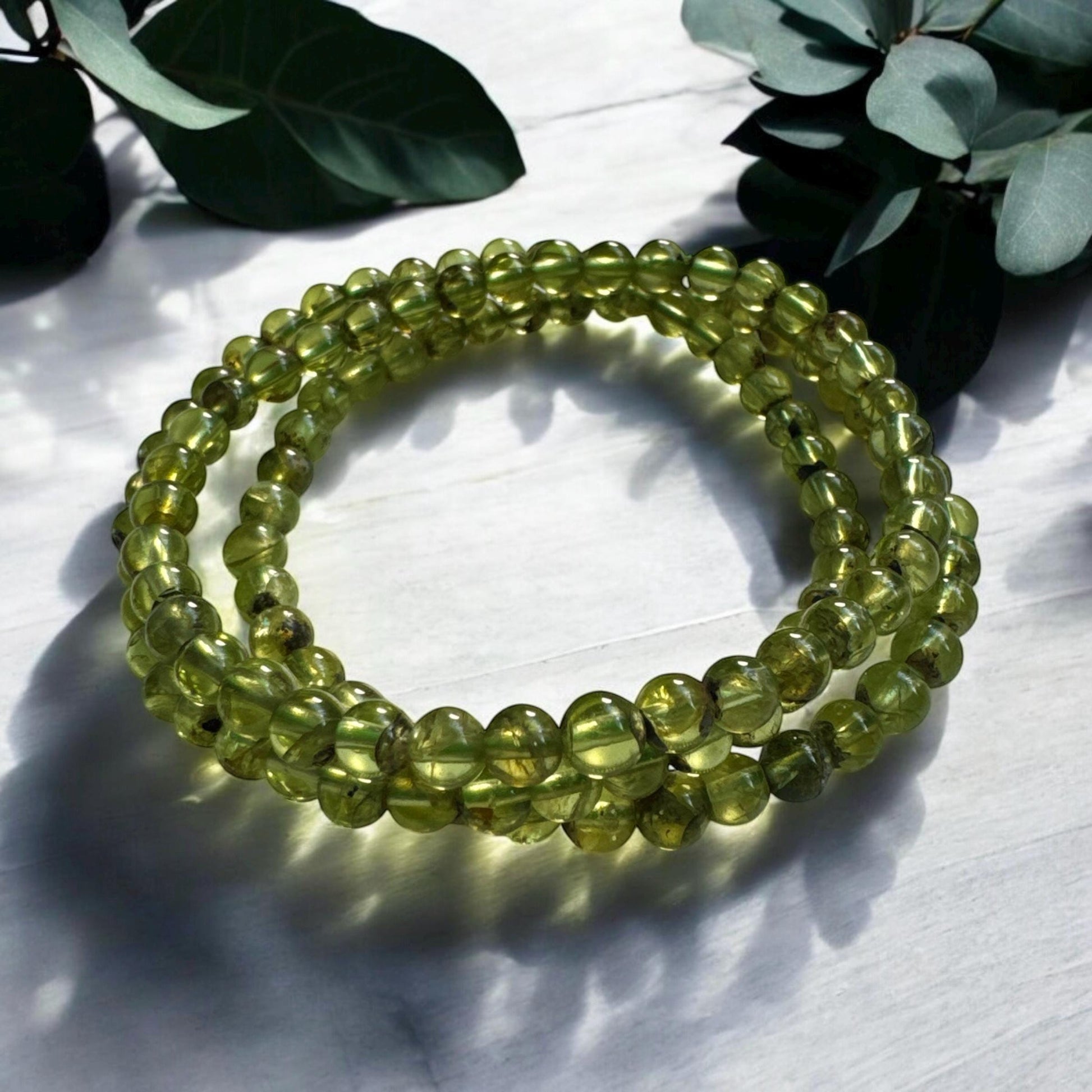 Handmade Peridot 3mm Crystal Bead Stretch Bracelet (7.5”)