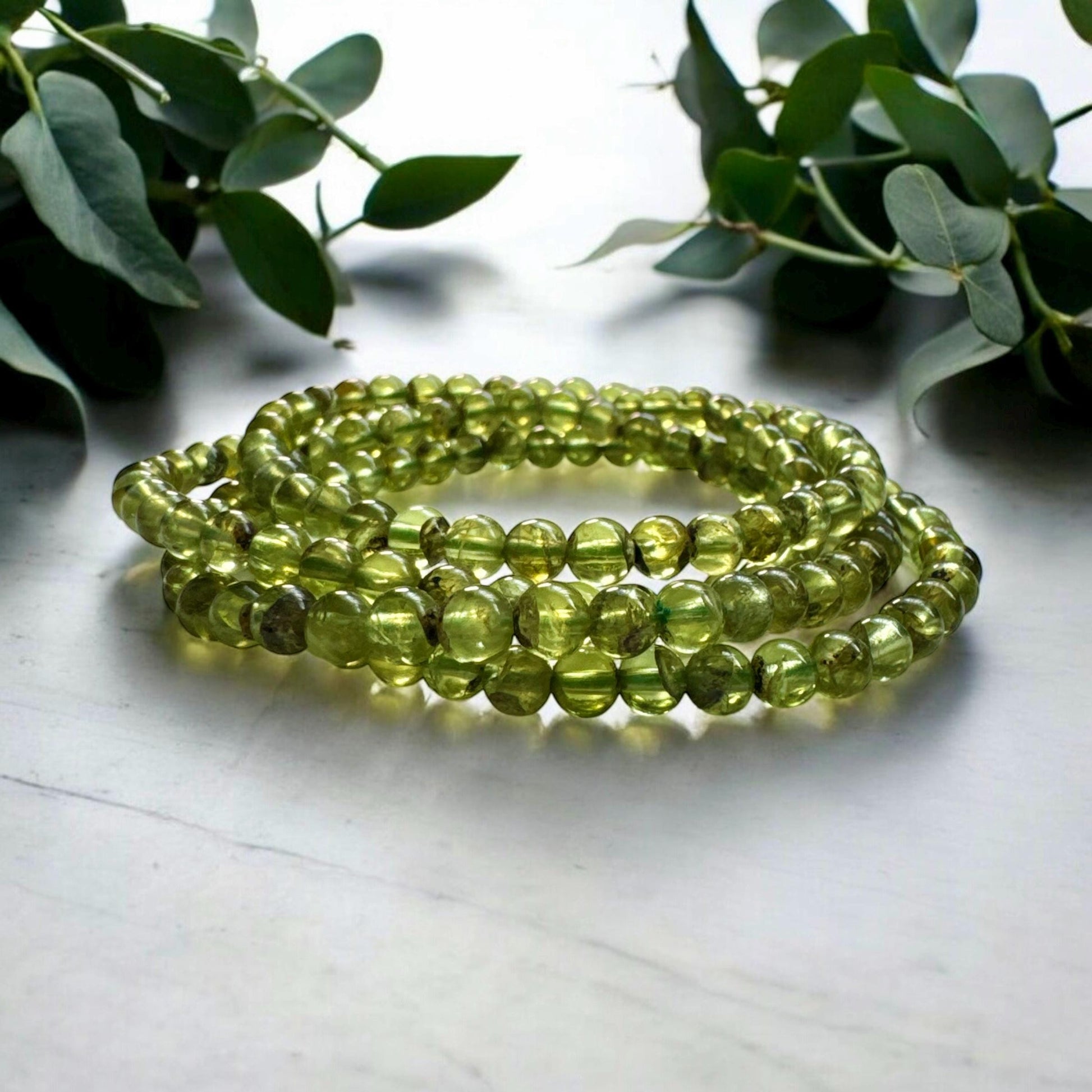 Handmade Peridot 3mm Crystal Bead Stretch Bracelet (7.5”)