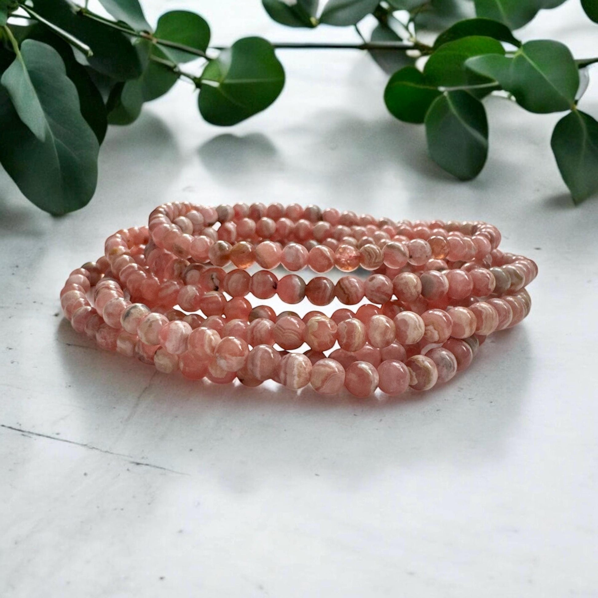 Rhodochrosite Beaded Bracelet: 4mm Crystal, Heart Healing (7.5")