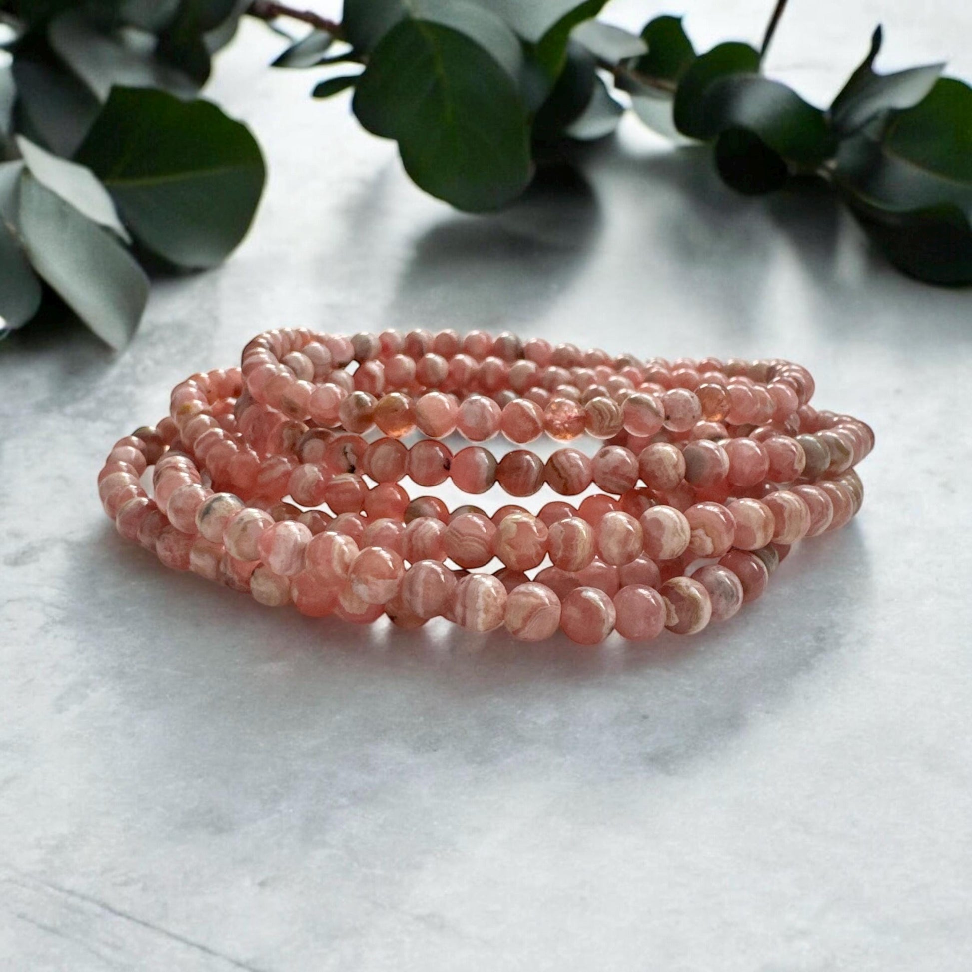 Rhodochrosite Beaded Bracelet: 4mm Crystal, Heart Healing (7.5")