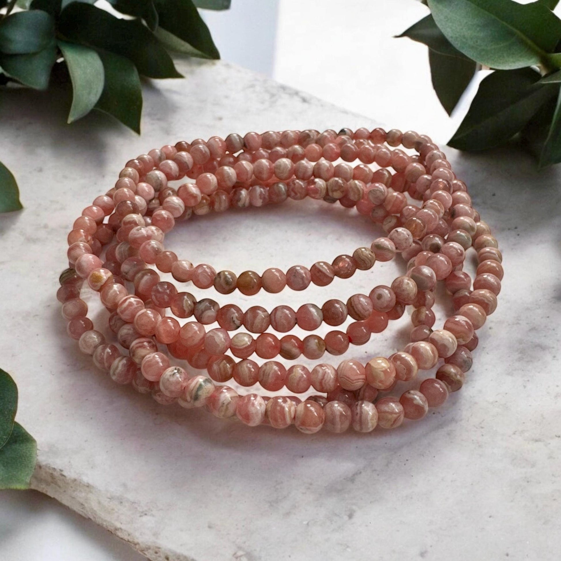 Rhodochrosite Beaded Bracelet: 4mm Crystal, Heart Healing (7.5")