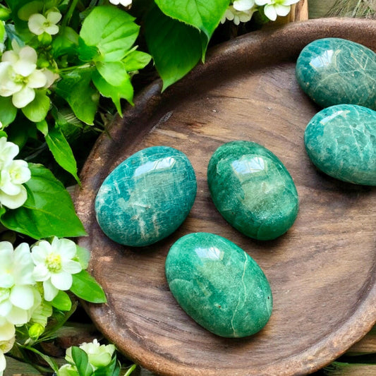 Amazonite High Quality Crystal Palm Stones - Luna by Louise, Crystal Shop UK | Soothing and Empowering Stone for Calm
