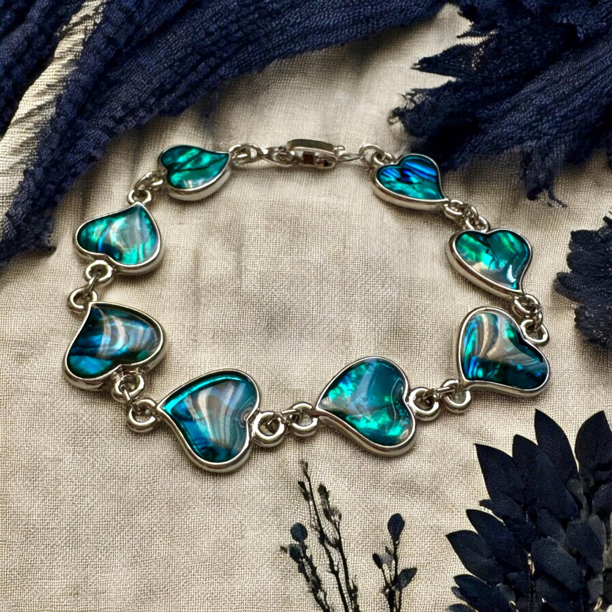 Abalone Heart Bracelet: Ocean Blue Shell, Handmade Silver Bracelet (15cm)
