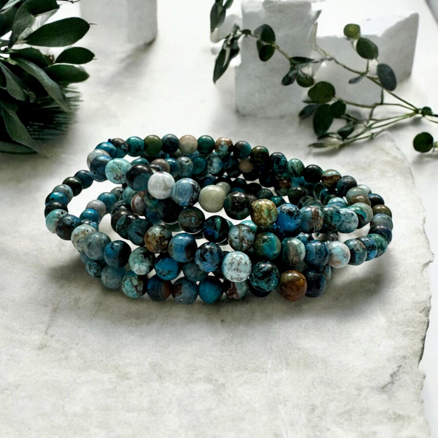 Chrysocolla Crystal Bead Bracelet: Handmade 6mm Stretch Bracelet, 7.5