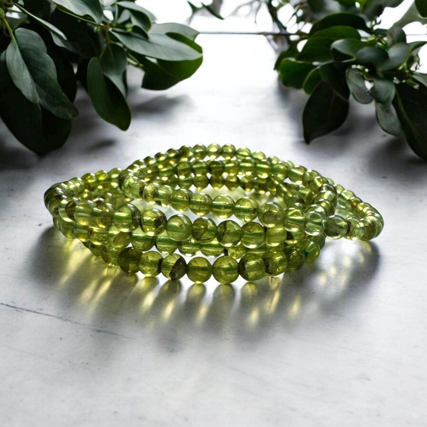 Handmade Peridot 3mm Crystal Bead Stretch Bracelet (7.5”)