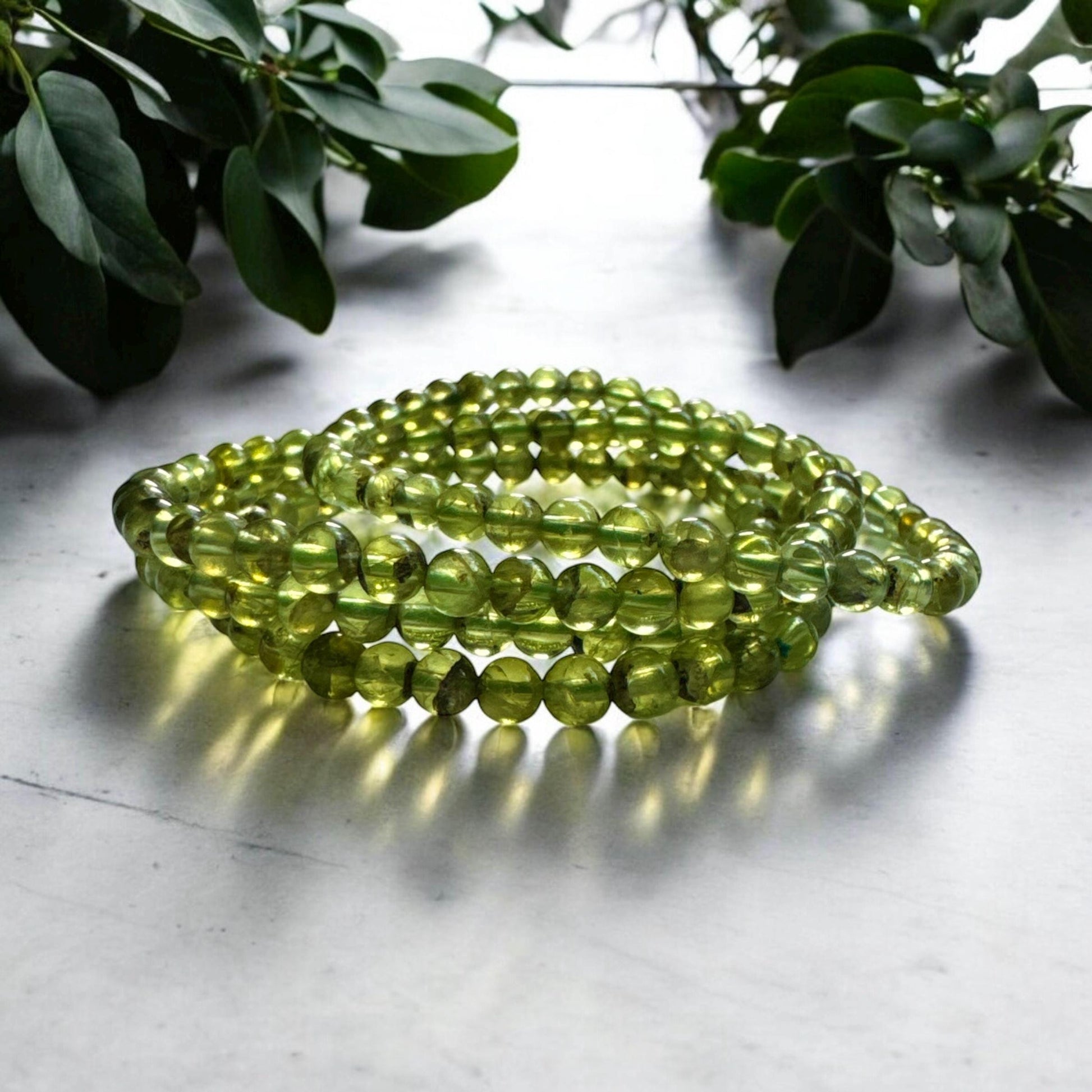 Handmade Peridot 3mm Crystal Bead Stretch Bracelet (7.5”)