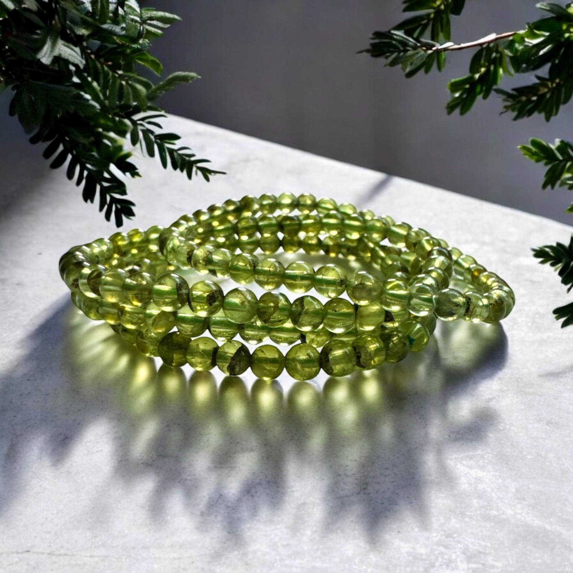 Handmade Peridot 3mm Crystal Bead Stretch Bracelet (7.5”)