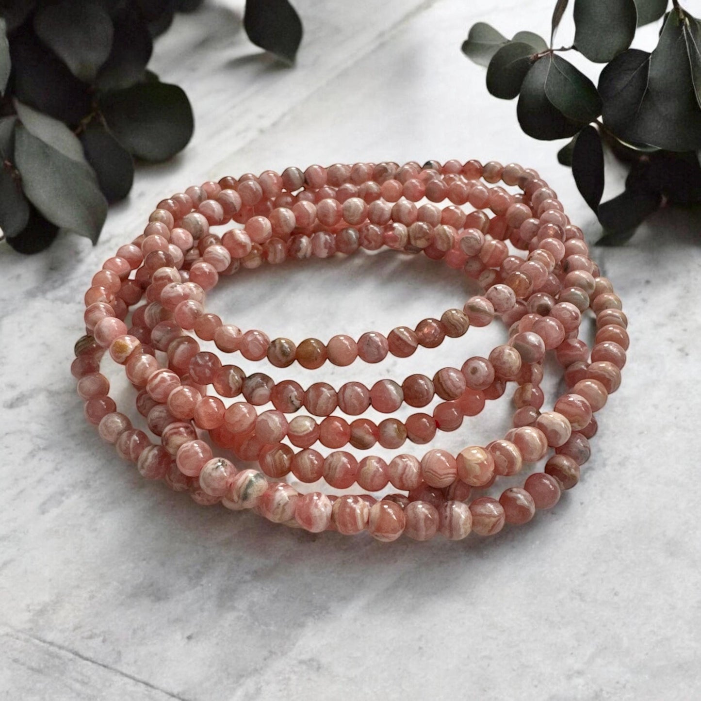 Rhodochrosite Beaded Bracelet: 4mm Crystal, Heart Healing (7.5")