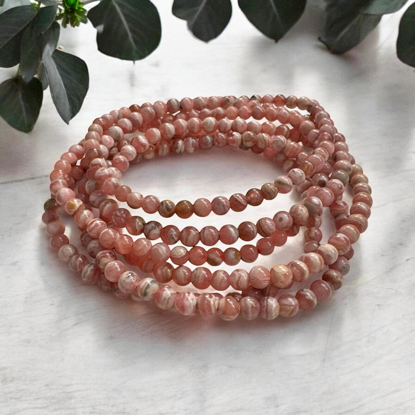 Rhodochrosite Beaded Bracelet: 4mm Crystal, Heart Healing (7.5")