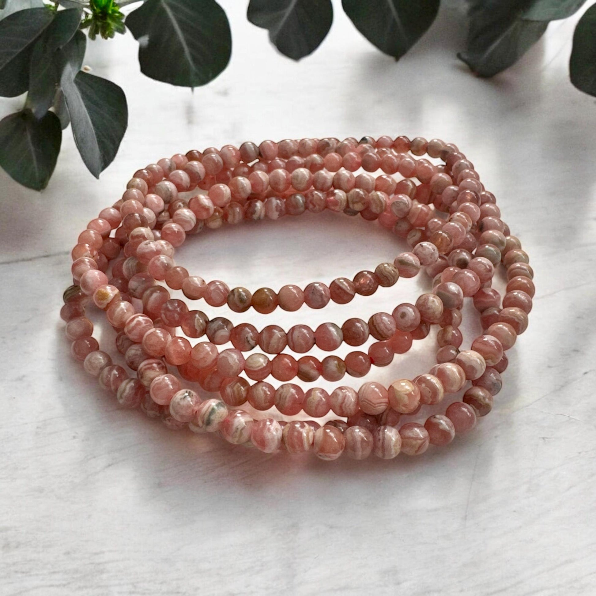 Rhodochrosite Beaded Bracelet: 4mm Crystal, Heart Healing (7.5")