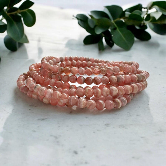 Rhodochrosite Beaded Bracelet: 4mm Crystal, Heart Healing (7.5")