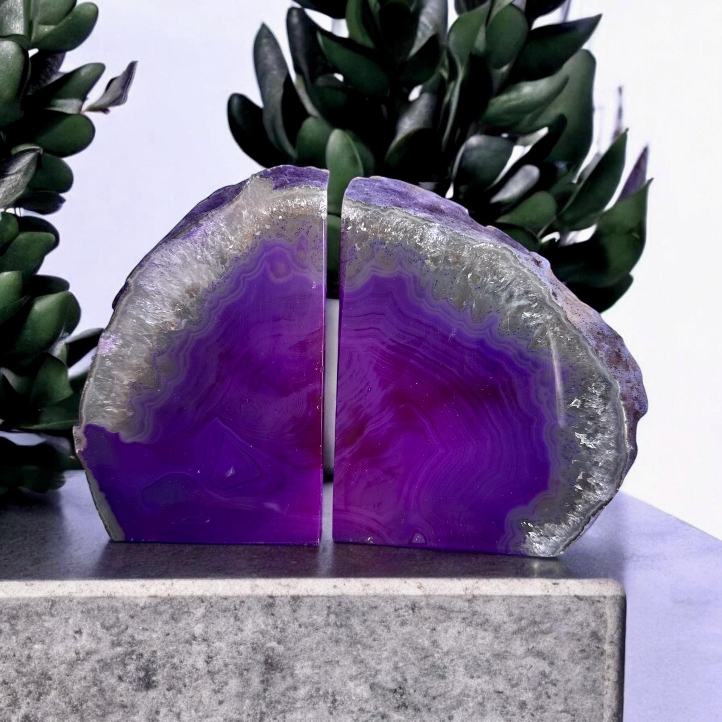 Purple Agate & Quartz Geode Bookends: Crystal Decor Set