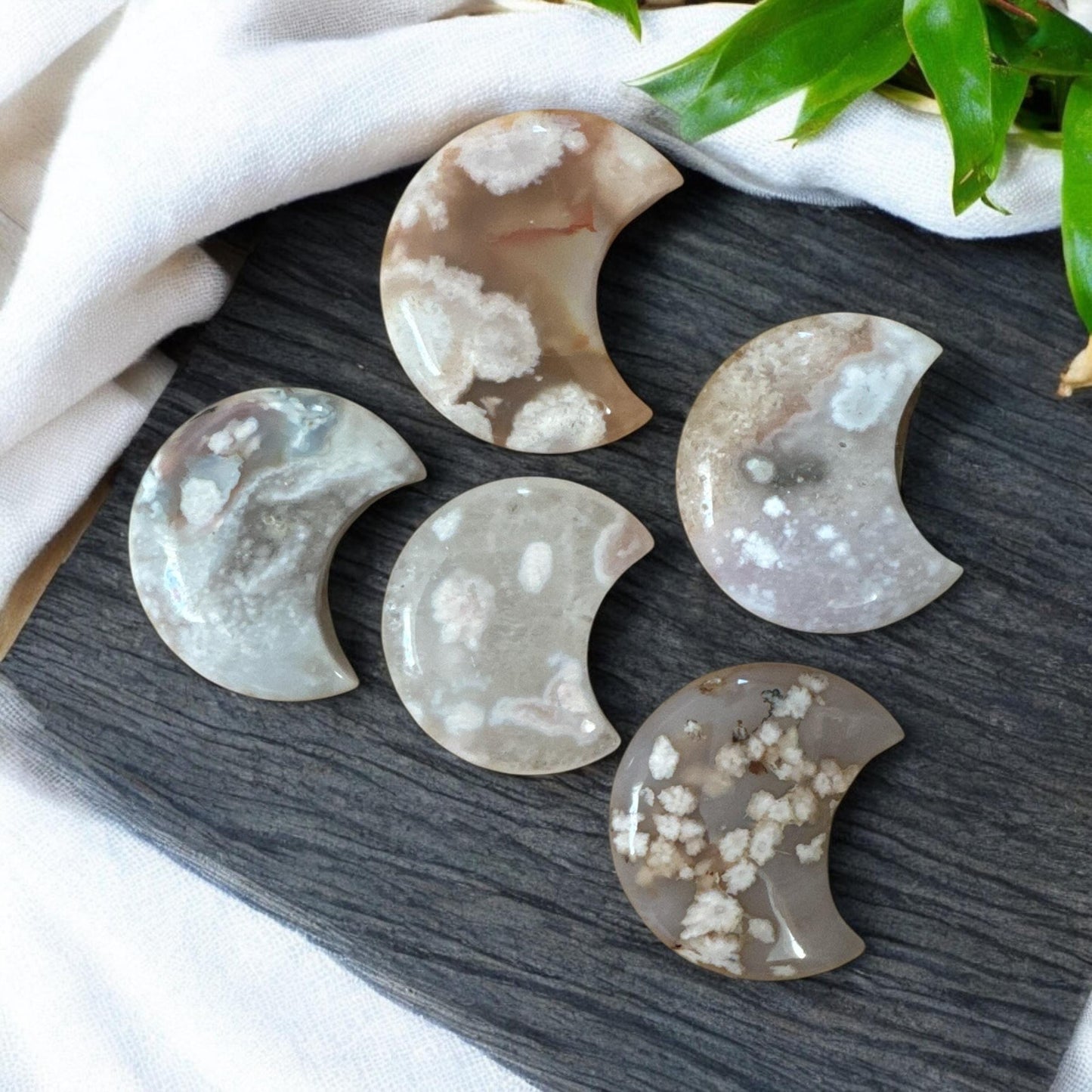 Flower Agate Crescent Moon – Luna by Louise, Crystal Shop UK