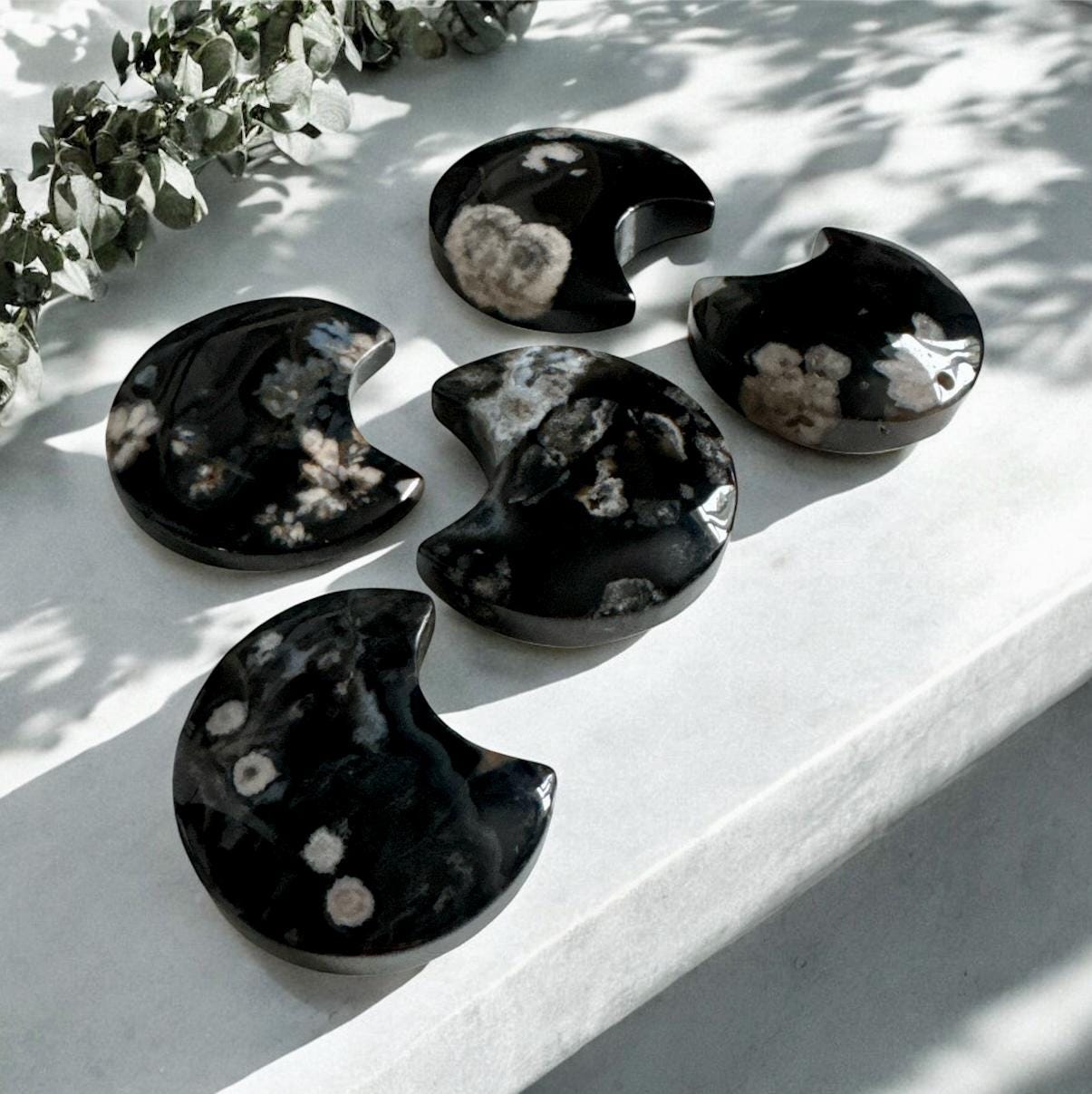 Black Flower Agate Crescent Moon: Rare Growth Crystal Carving