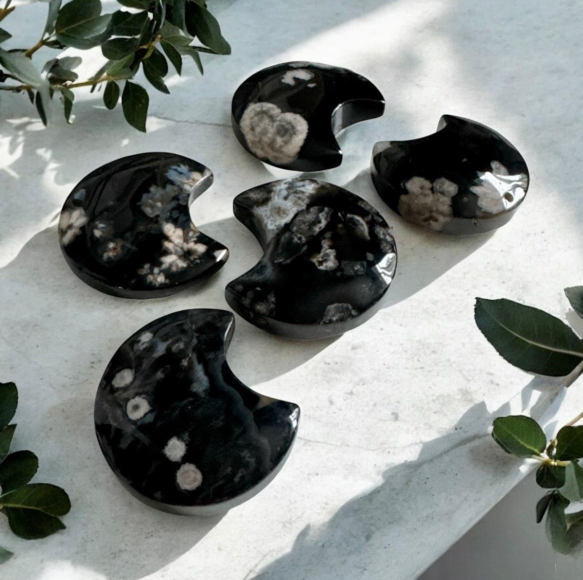 Black Flower Agate Crescent Moon: Rare Growth Crystal Carving