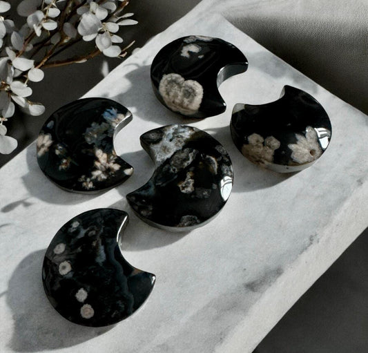 Black Flower Agate Crescent Moon: Rare Growth Crystal Carving