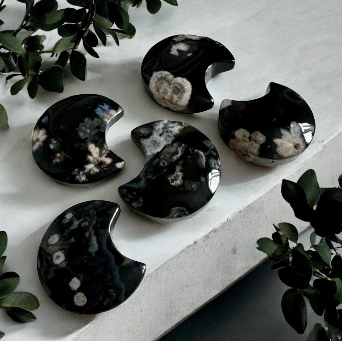 Black Flower Agate Crescent Moon: Rare Growth Crystal Carving