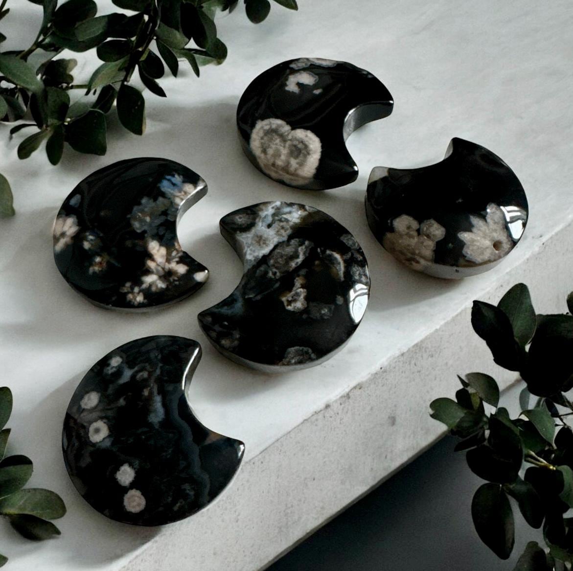 Black Flower / Blossom Agate Crescent Moon: Rare Growth Crystal Carving