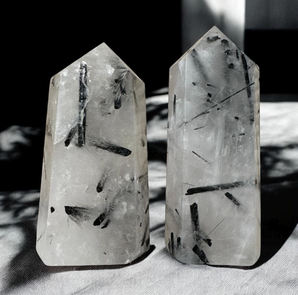 Tourmalinated Quartz Tower: Black Tourmaline Inclusions, Balance & Protection