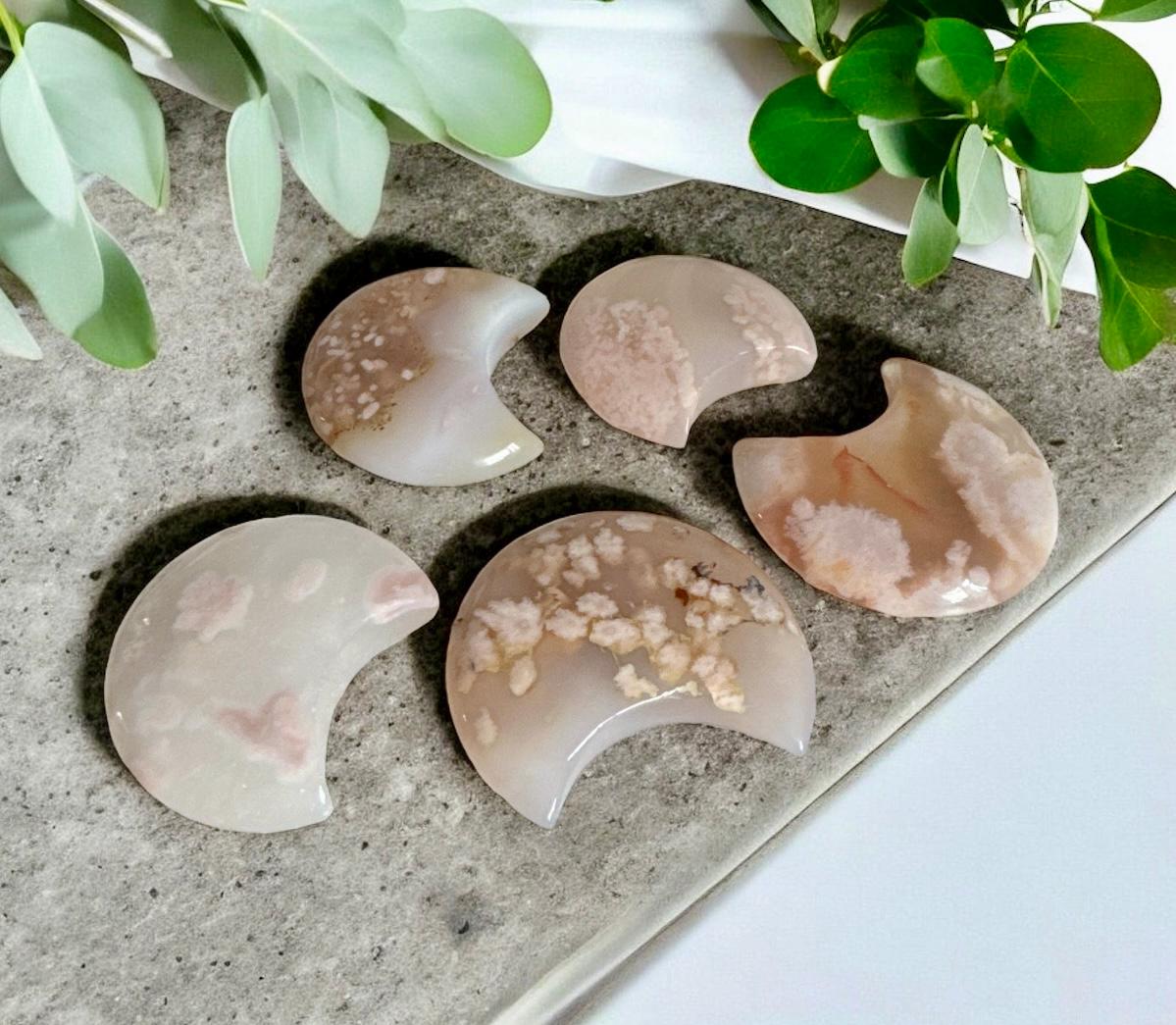 Flower\Blossom Agate Crescent Moon – Luna by Louise, Crystal Shop UK