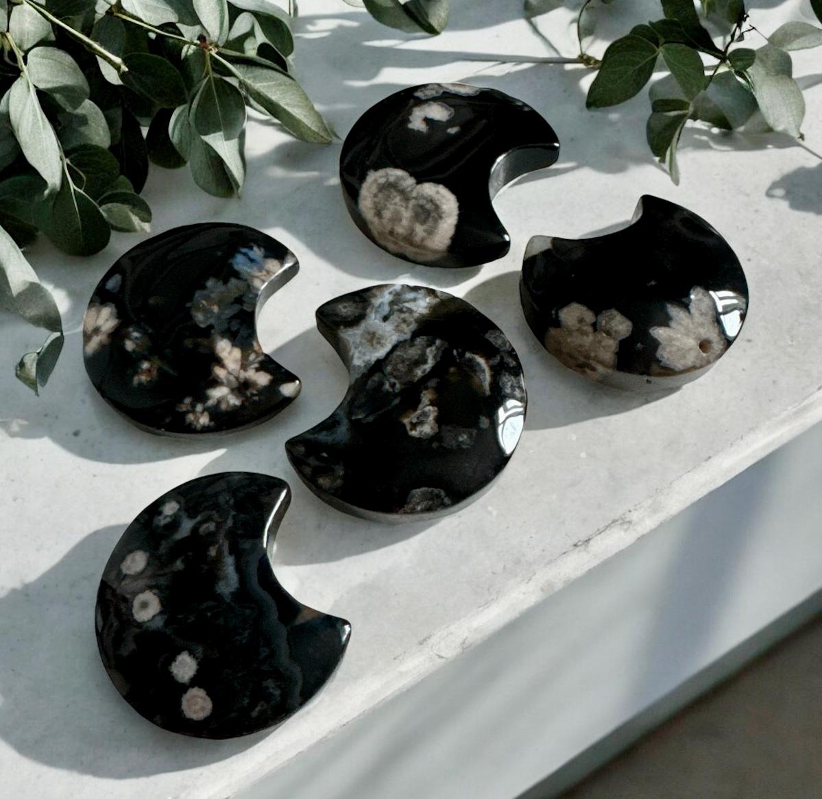 Black Flower Agate Crescent Moon: Rare Growth Crystal Carving