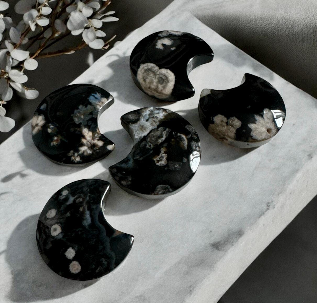Black Flower Agate Crescent Moon: Rare Growth Crystal Carving