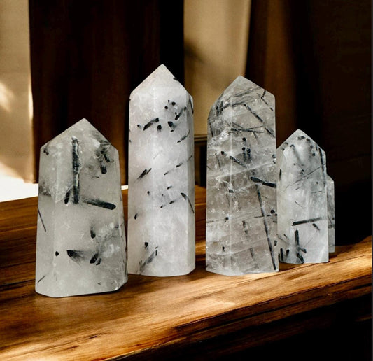 Tourmalinated Quartz Tower: Black Tourmaline Inclusions, Balance & Protection