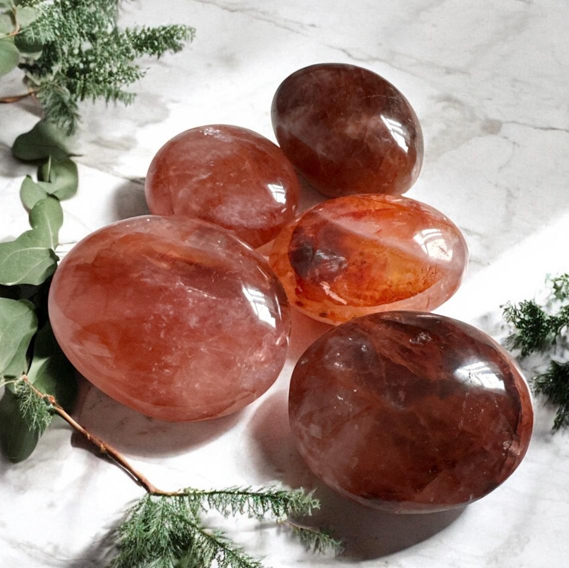 Fire Quartz Palm Stone: Hematoid Quartz for Grounding & Focus