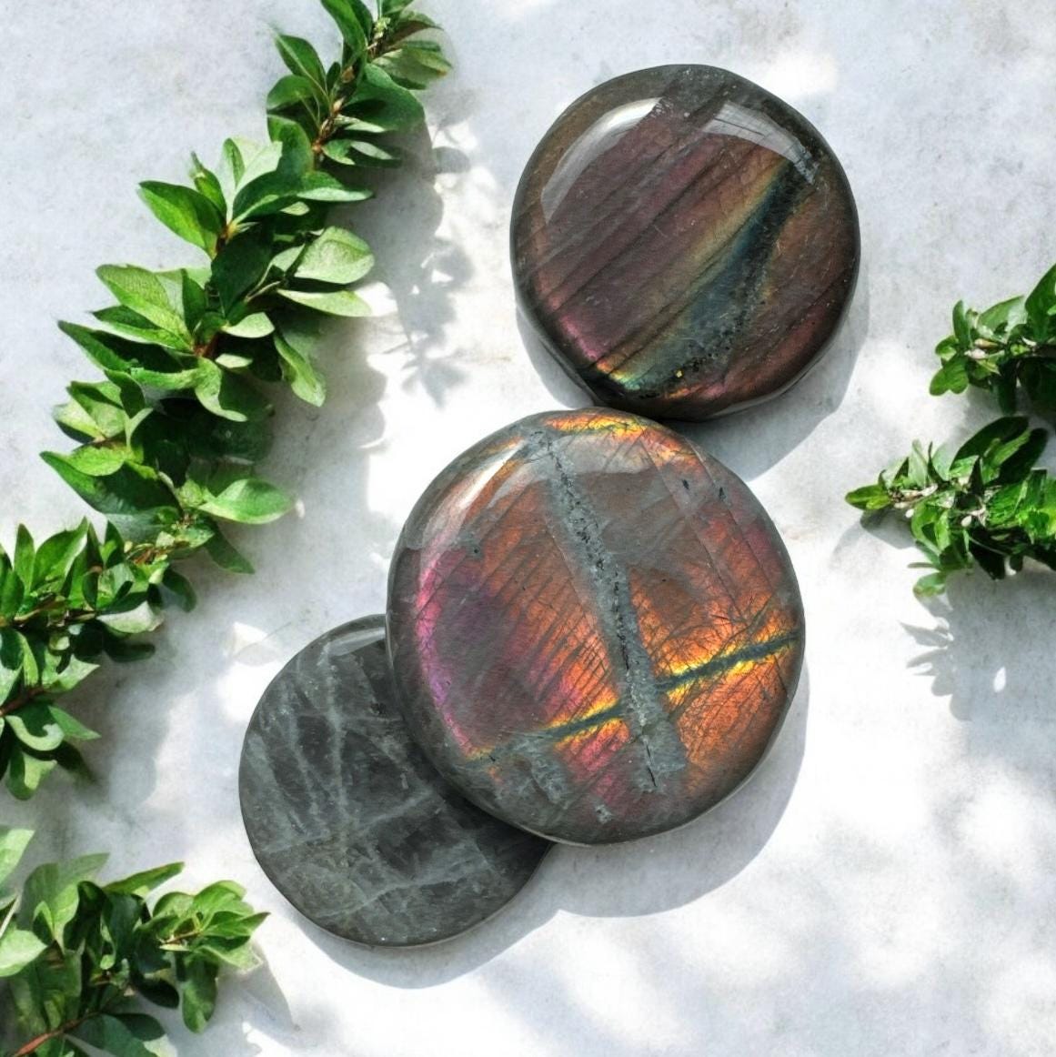 Sunset Flash Labradorite round and Flat Worry/Palm Stone: Vivid Pink, Purple & Orange