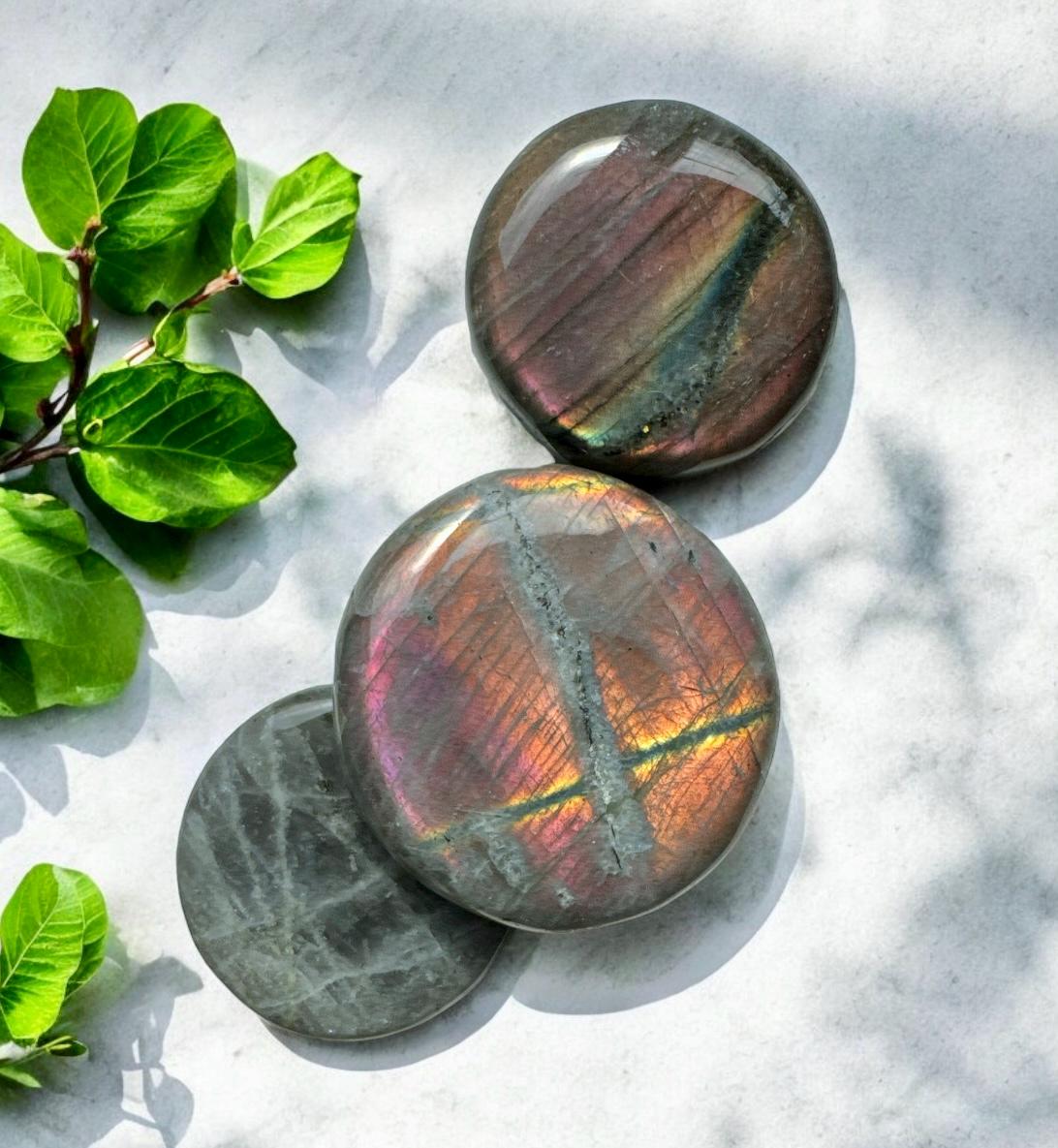 Sunset Flash Labradorite round and Flat Worry/Palm Stone: Vivid Pink, Purple & Orange