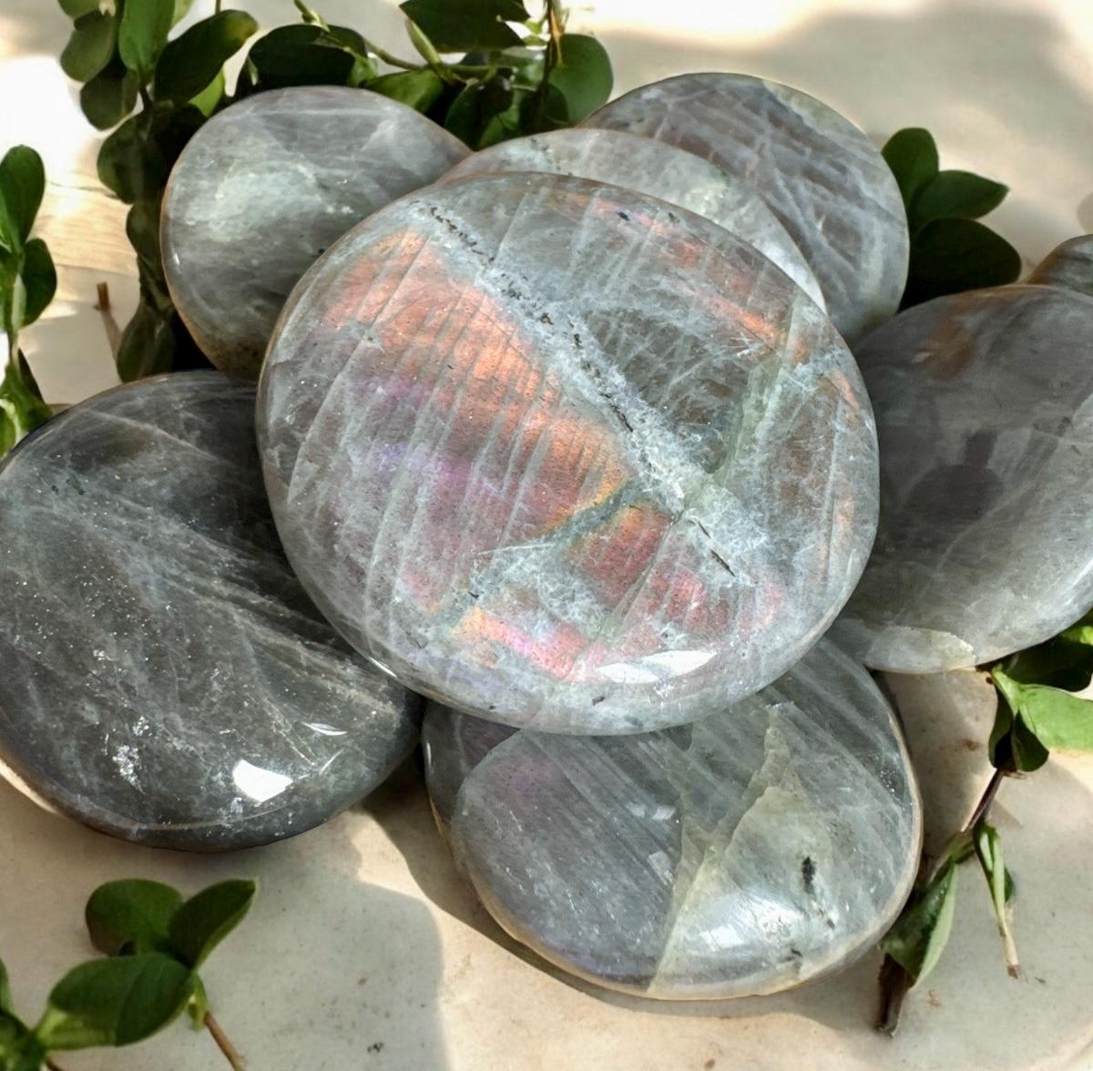 Sunset Flash Labradorite round and Flat Worry/Palm Stone: Vivid Pink, Purple & Orange