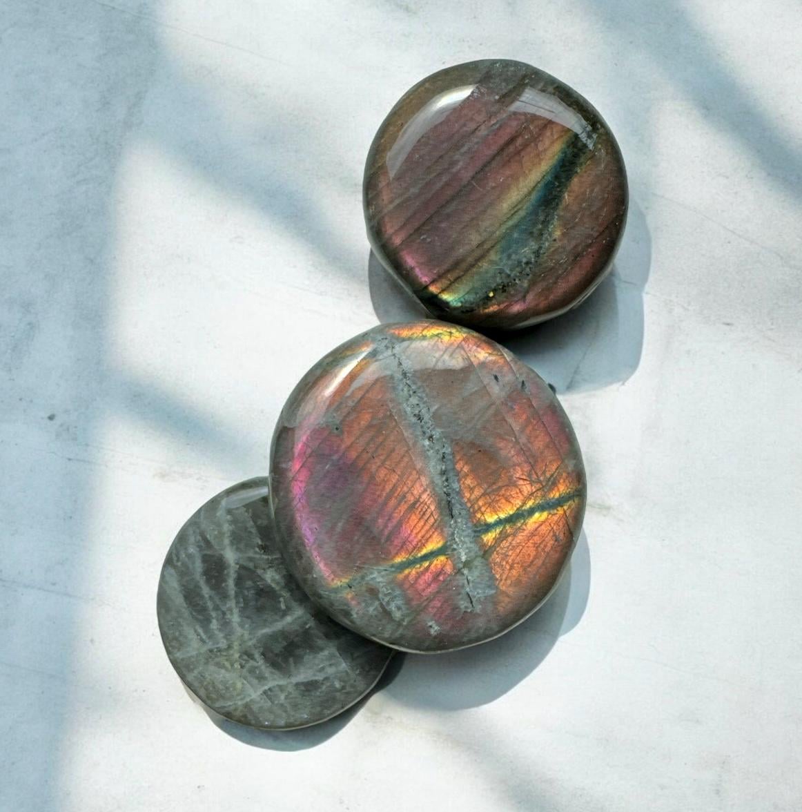 Sunset Flash Labradorite round and Flat Worry/Palm Stone: Vivid Pink, Purple & Orange