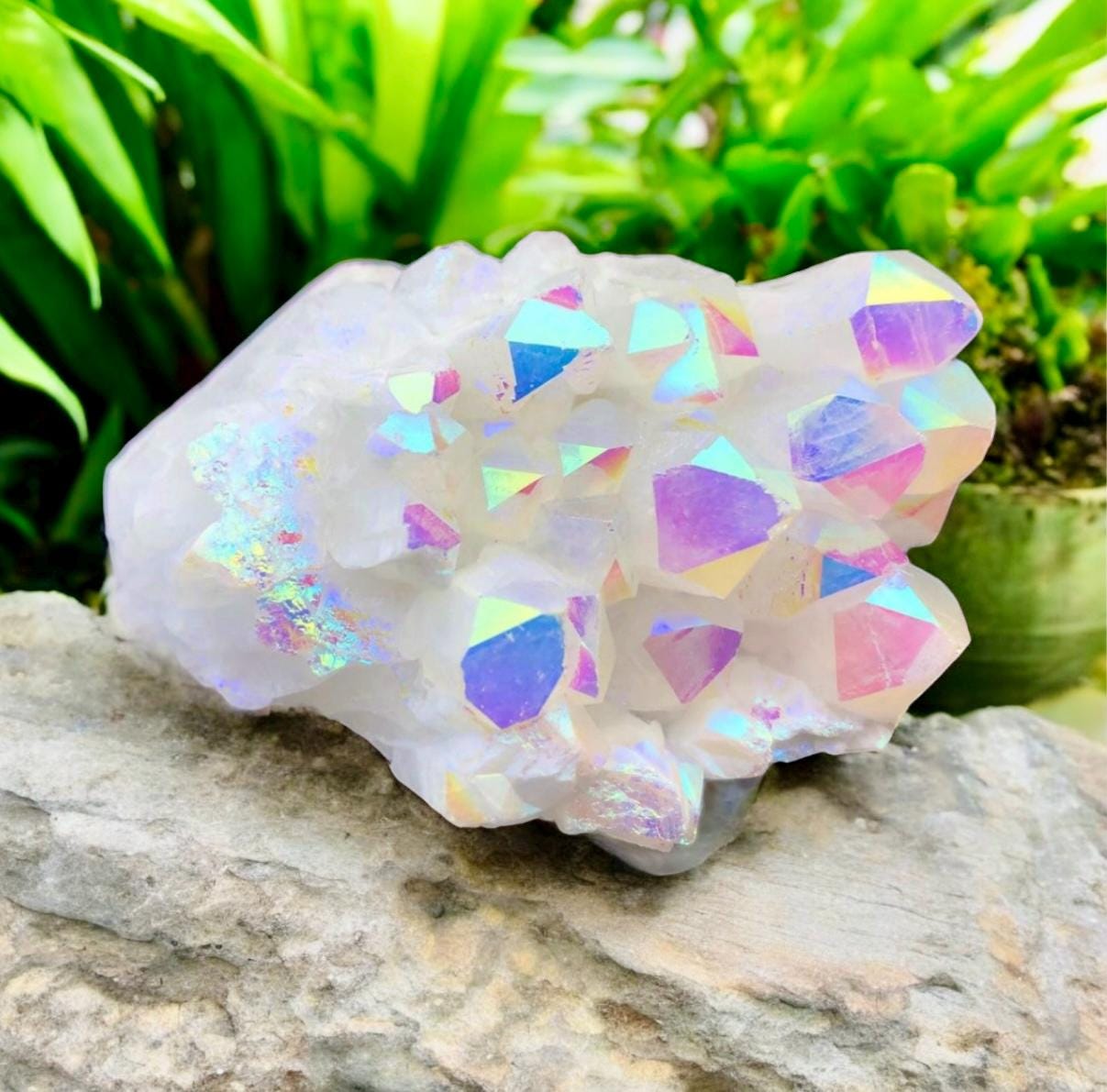 Angel Aura White Quartz Cluster: Iridescent Crystal Healing