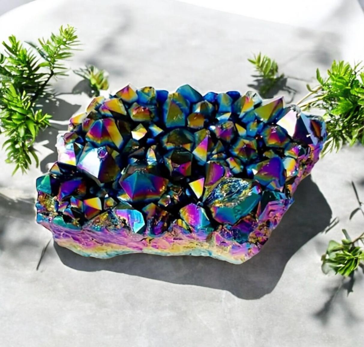 Rainbow Aura Amethyst Cluster: Calming Meditation Crystal