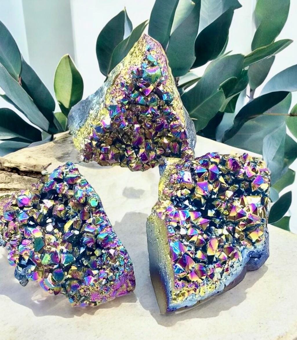 Rainbow Aura Amethyst Cluster: Calming Meditation Crystal