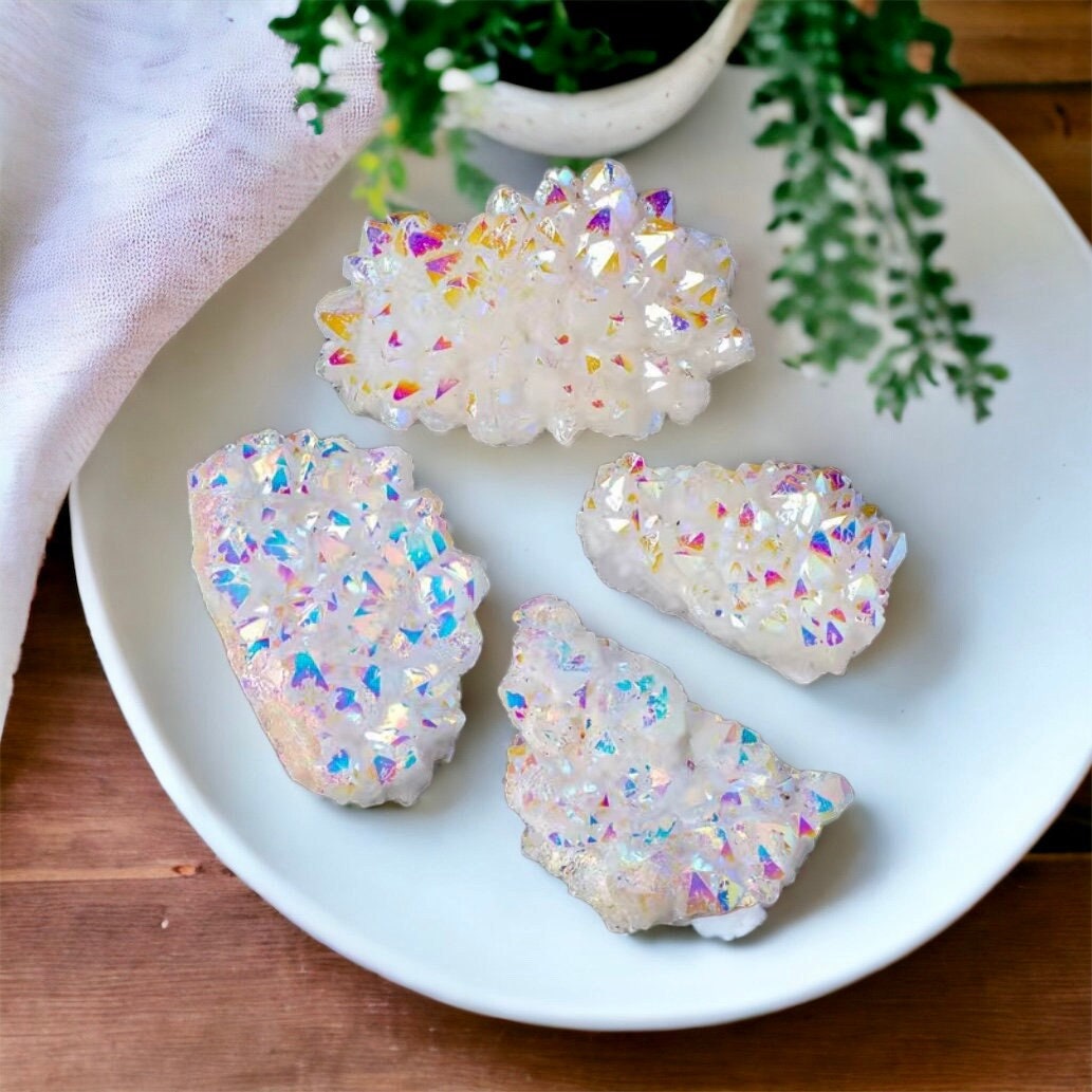 Angel Aura White Quartz Crystal Cluster, Pearl Aura White Quartz Cluster. Luna by Louise, Crystal Shop UK