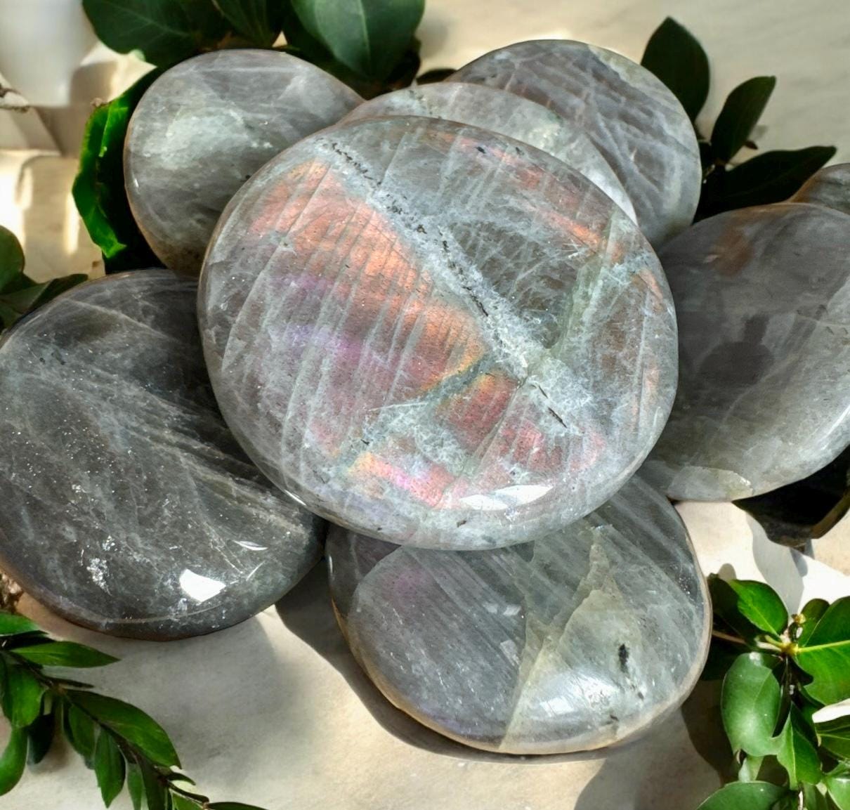 Sunset Flash Labradorite round and Flat Worry/Palm Stone: Vivid Pink, Purple & Orange