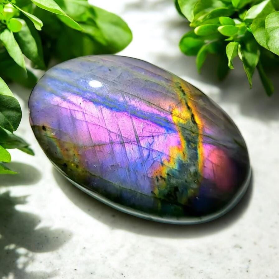 Sunset Labradorite Palm Stone: Pink - Purple - Gold and Blues. Calming Crystal for Meditation