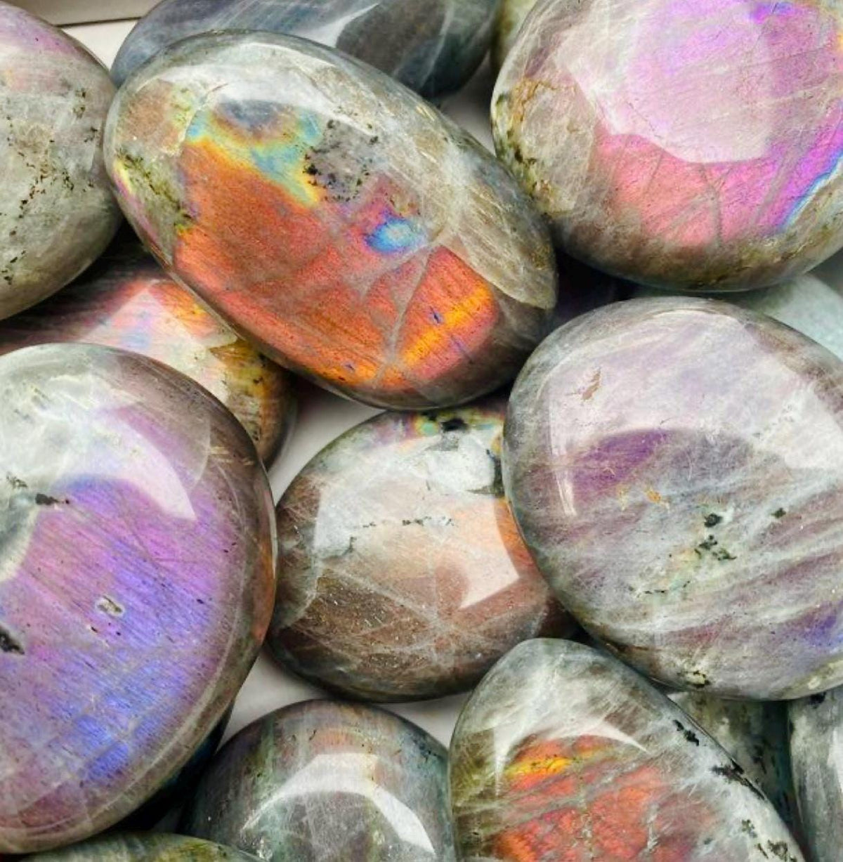 Sunset Labradorite Palm Stone: Pink - Purple - Gold and Blues. Calming Crystal for Meditation