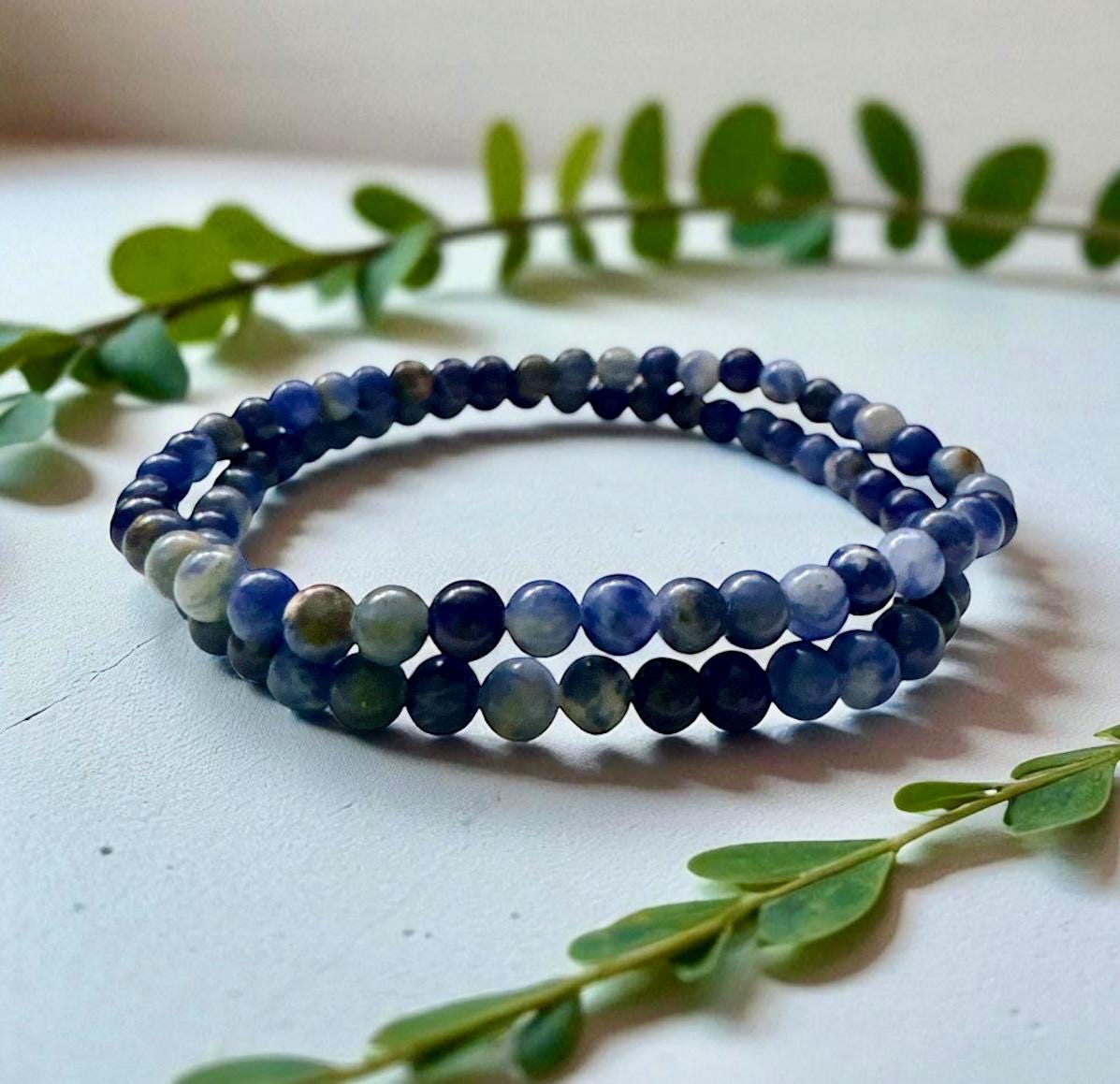 Sodalite Crystal Bracelet: 3mm Polished Blue Beads, Calm & Clarity