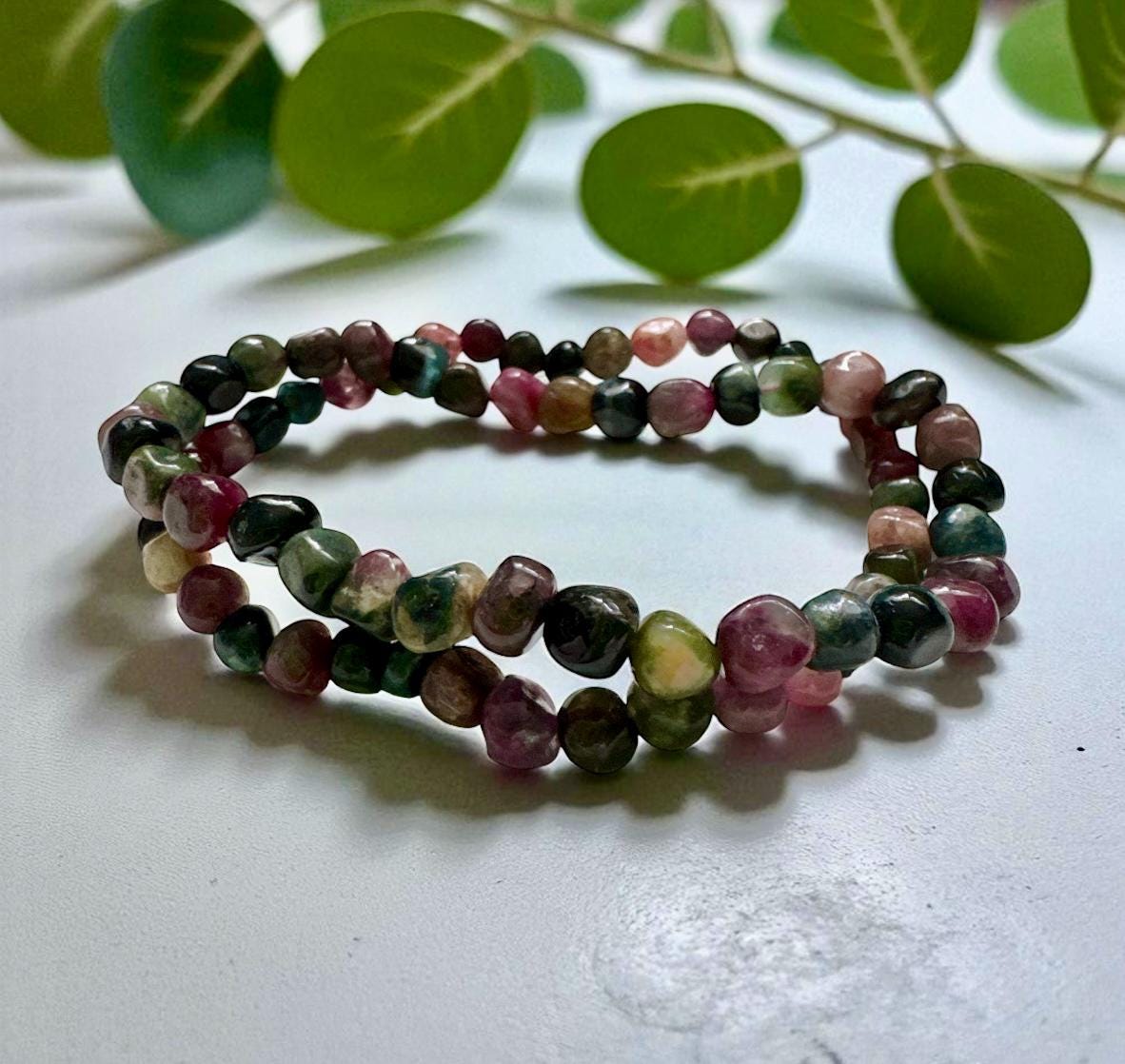 Watermelon Tourmaline Bracelet: Polished Crystal Beads, Joy & Balance - 7.5"